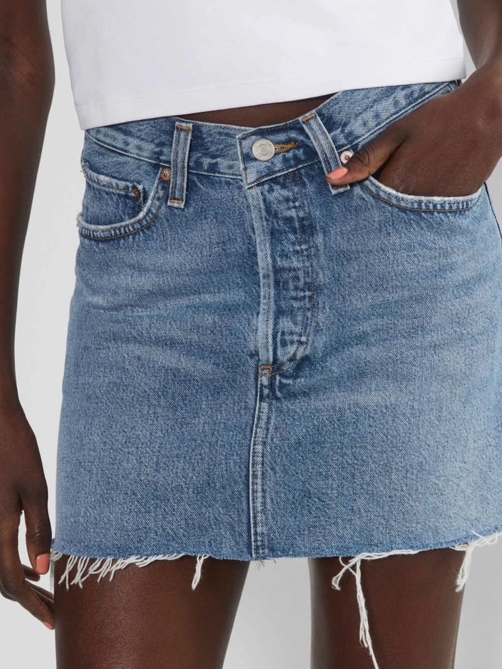 Agolde Light Blue Denim Frayed-Hem Mini Skirt